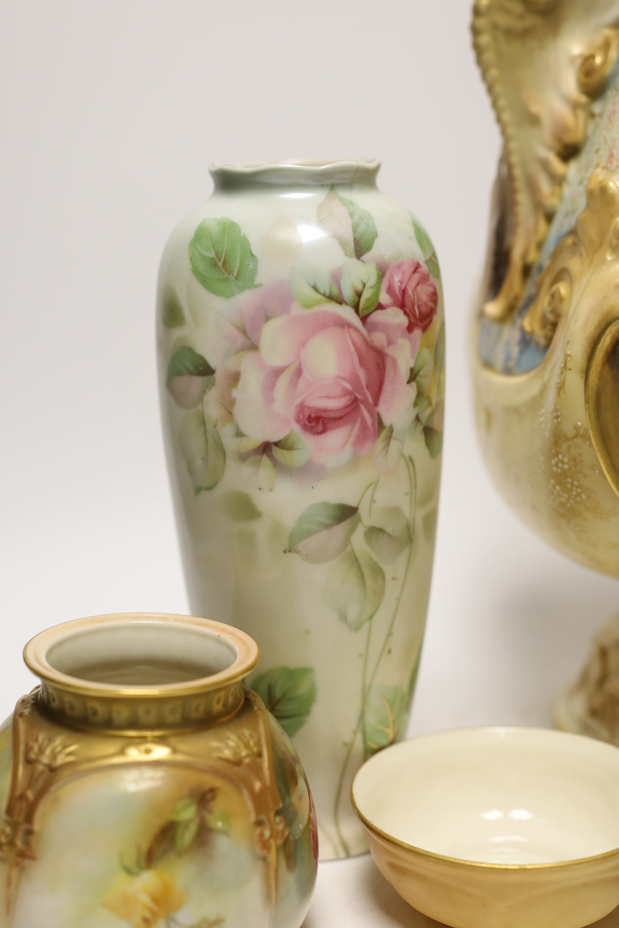 A large Doulton Burslem vase, c.1900 possibly made for Exhibition, a similar lobed vase, a Royal Worcester pot and dish and other ceramics, largest 51cm high (8)